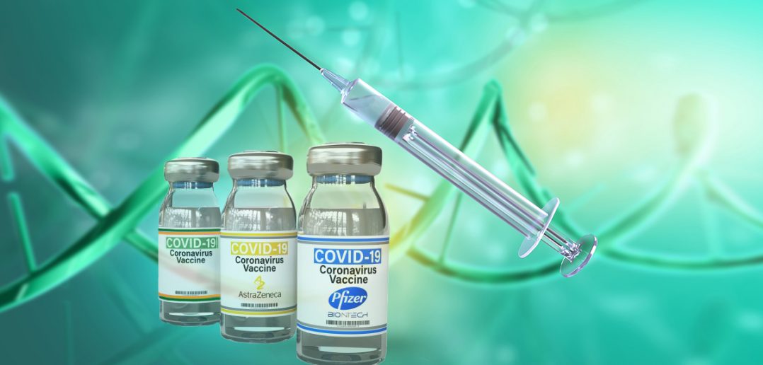 3D render of a medical background with DNA strand and Covid 19 vaccine and syringe