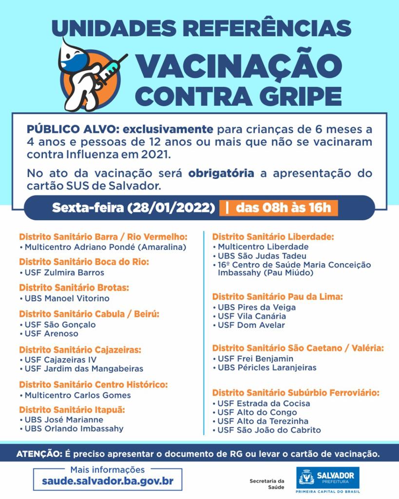 Prefeitura de Salvador segue vacinação contra a influenza nesta sexta-feira  (28)